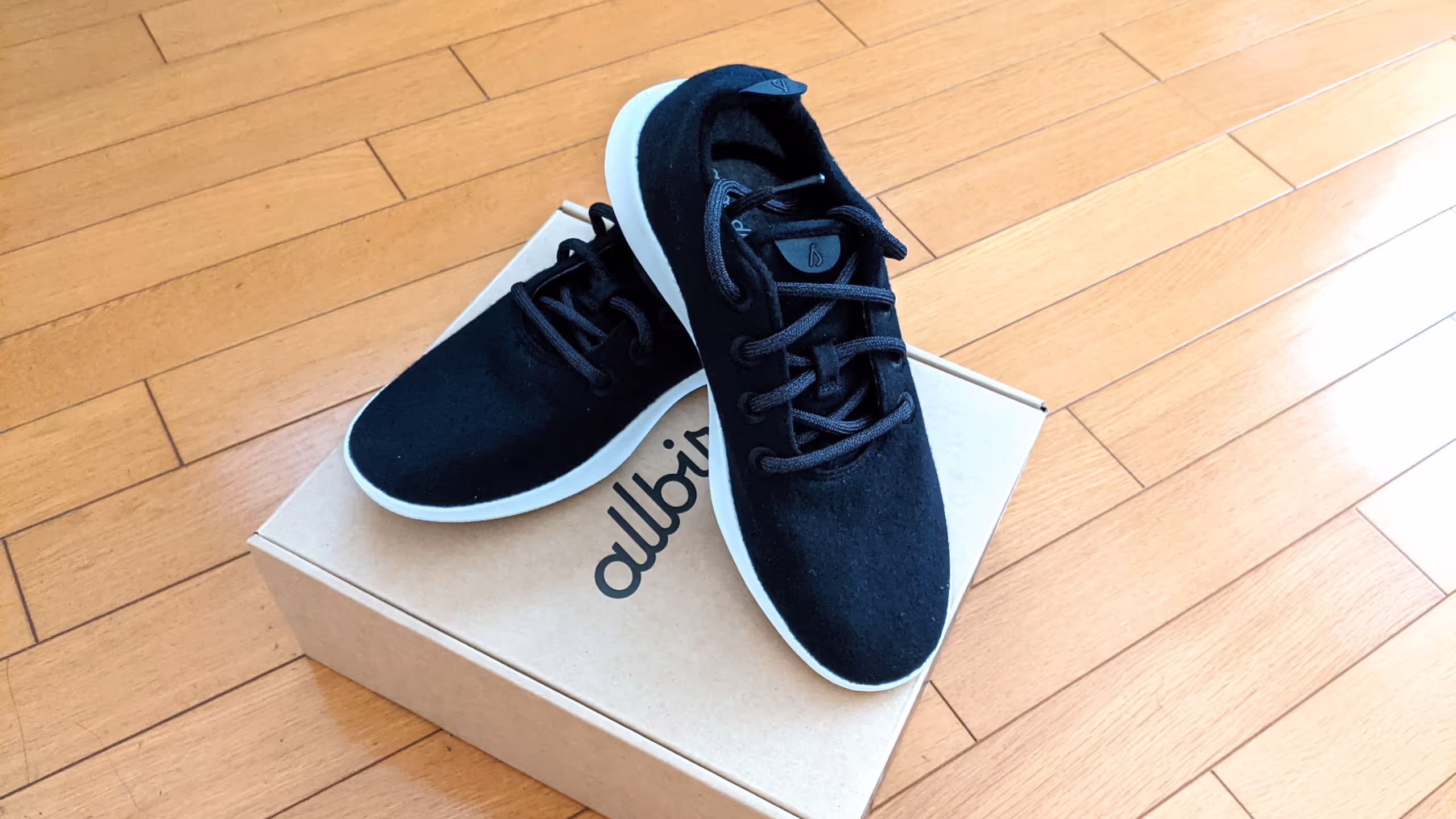 薄茶色の段ボール箱の上に、真っ黒のアッパーと白いソールのスニーカーが乗っている