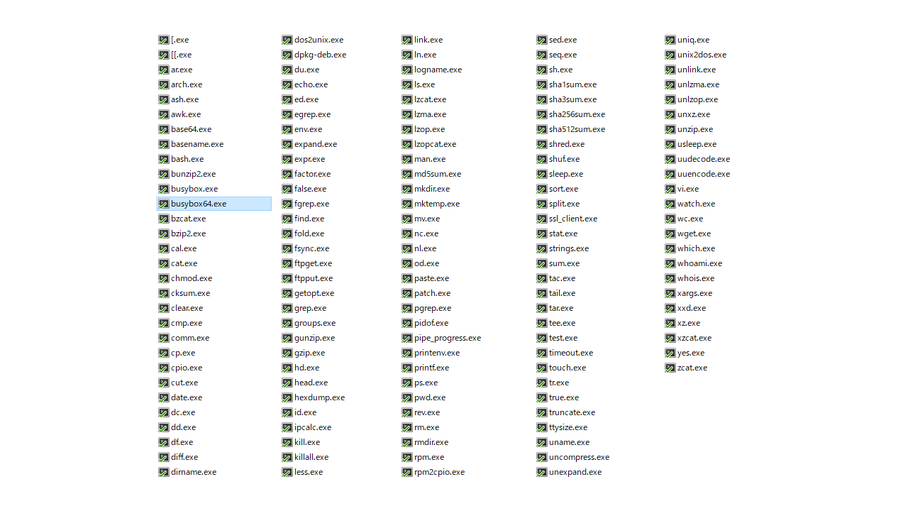 BusyBox本体と個別実行ファイルとしてインストール可能なコマンドの一覧。