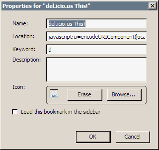 del.icio.usへ投稿するBookmarkletのプロパティ。
