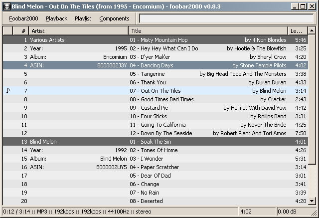 アルバムの変わり目で色変えたりとかASIN表示してみたりとかしたfoobar2000のスクリーン・ショット。