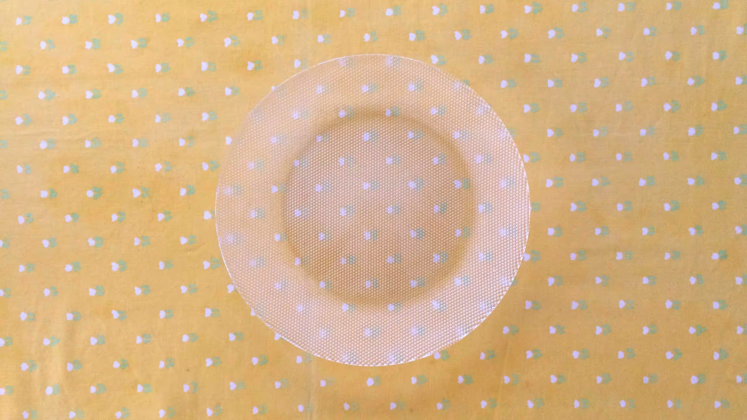 買ったばかりのガラス皿は、裏が凝っていて雰囲気が気に入った。