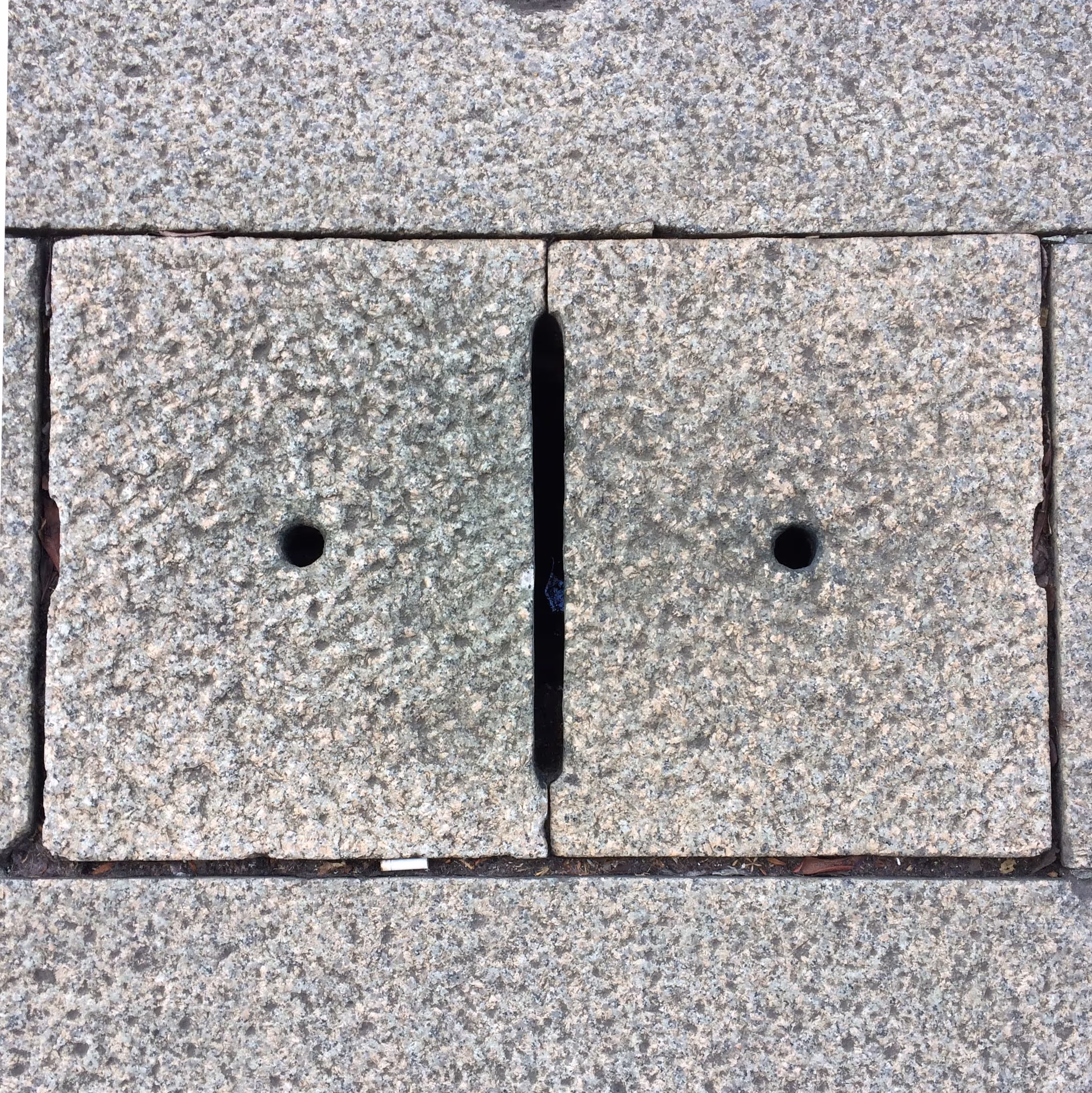 穴と持ち上げる時のつかむところが埴輪っぽくも見え、ポップな雰囲気がある日生劇場付近にあった側溝の蓋。