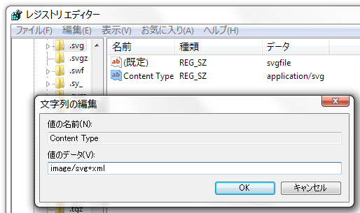 レジストリ エディターを使って、application/svgになっているのをimage/svg+xmlに修正する。