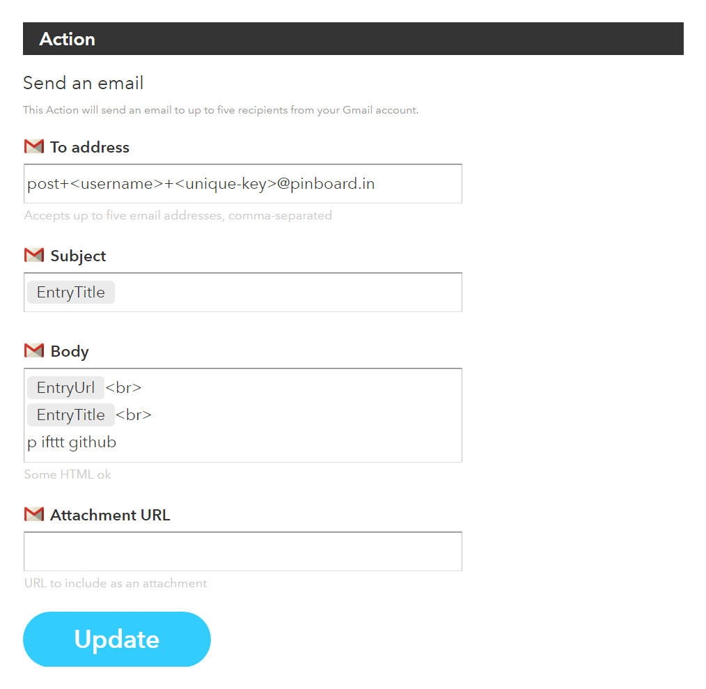 tahtに指定したGmailチャンネルではTo AddressとSubject、Bodyにそれぞれ適切な値を指定するだけで良い。