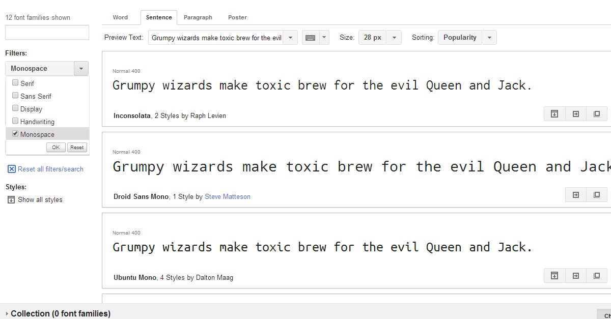 サイドバーのFiltersドロップダウンにMonospaceという項目が追加されている。