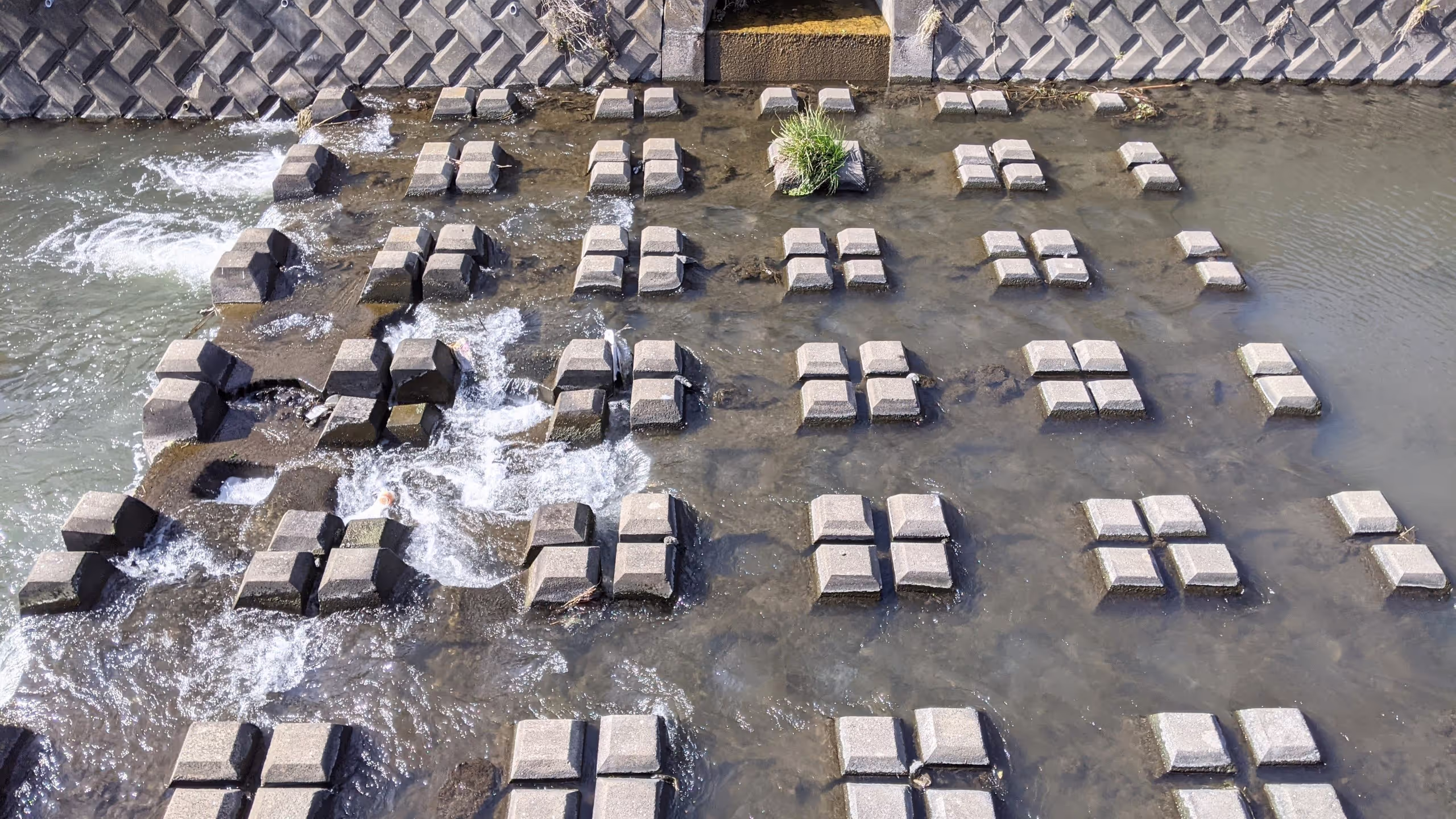 川の段差の手前に、四角いブロックが規則正しく並んでいる。
