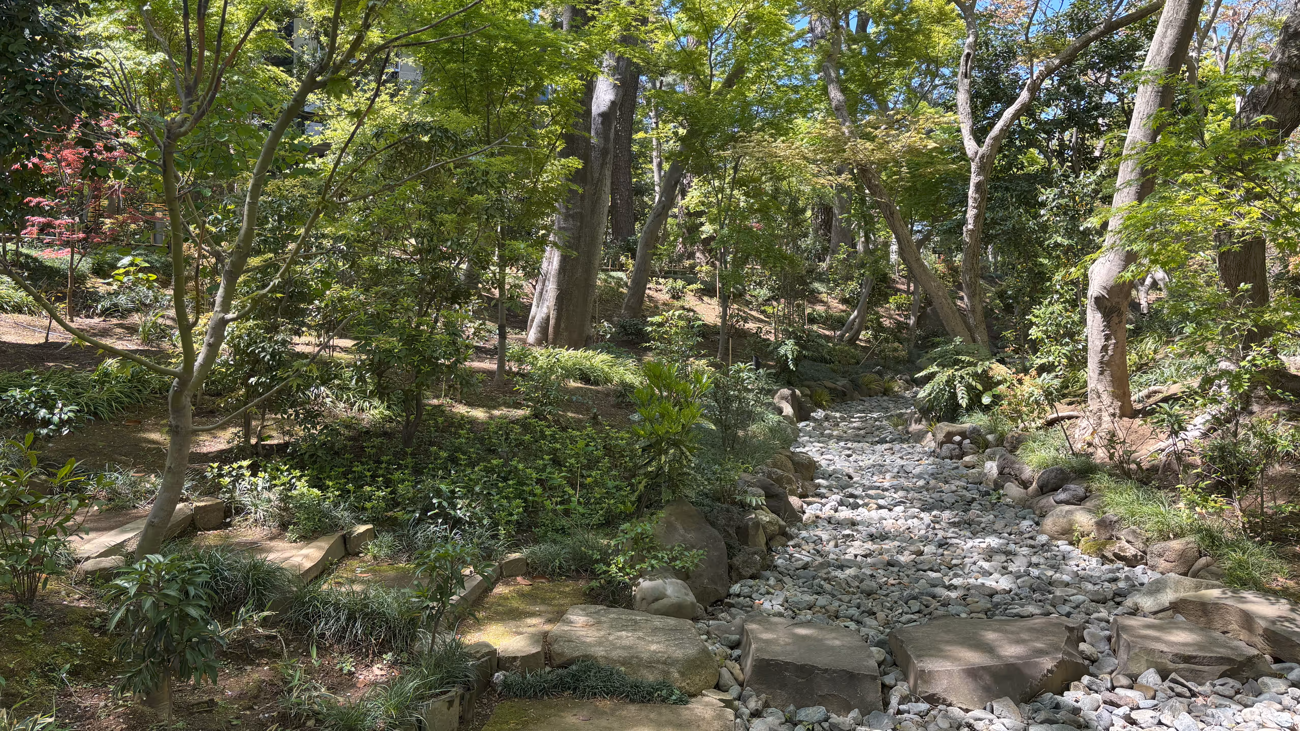 奥に向かって上がっていく丘に木々が並ぶ。飛び石で砂利川を渡る道が手前を横切り、庭の通路を形成している。