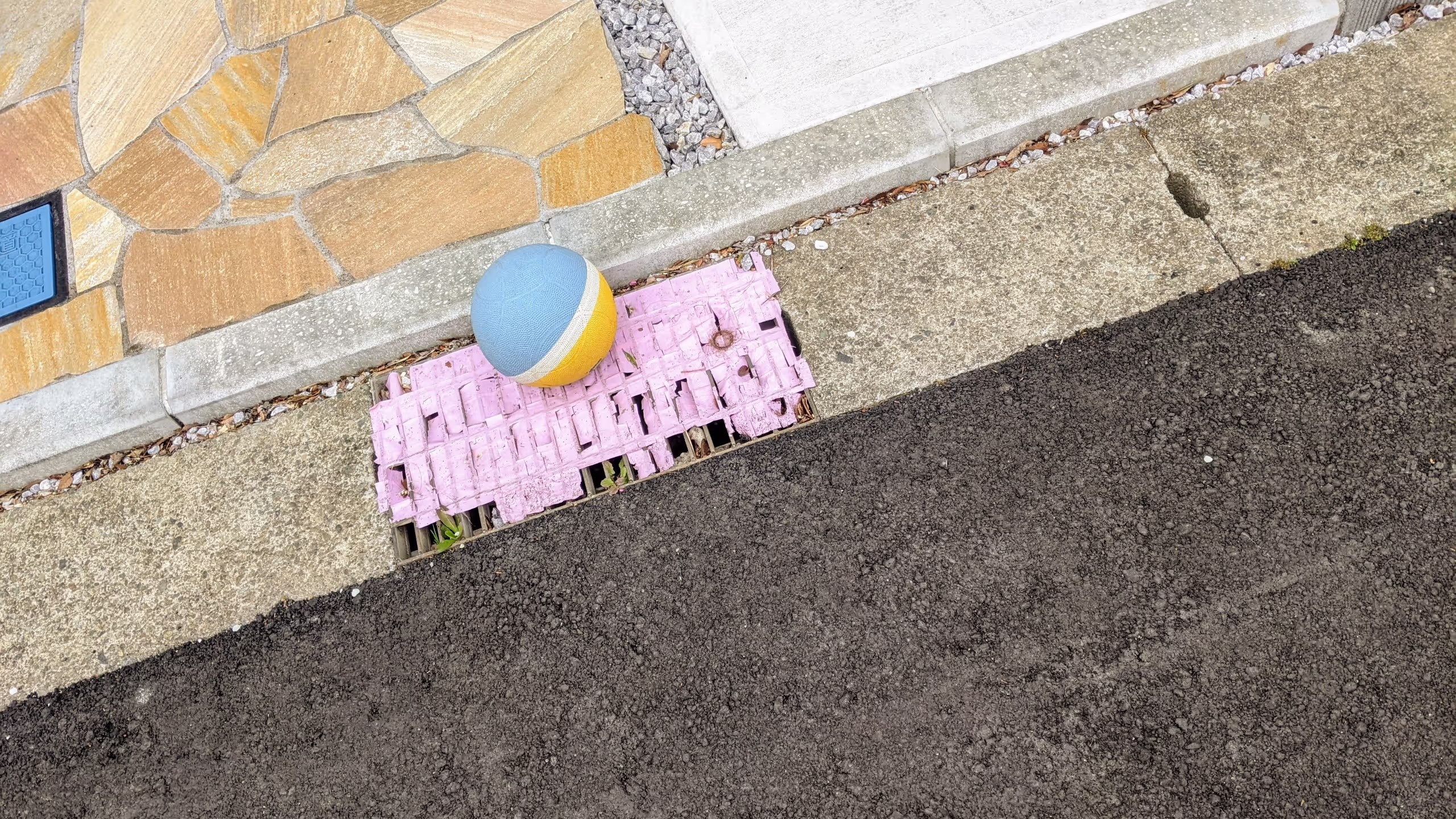 上半分が青、下半分が黄色のボールが、道端に落ちている