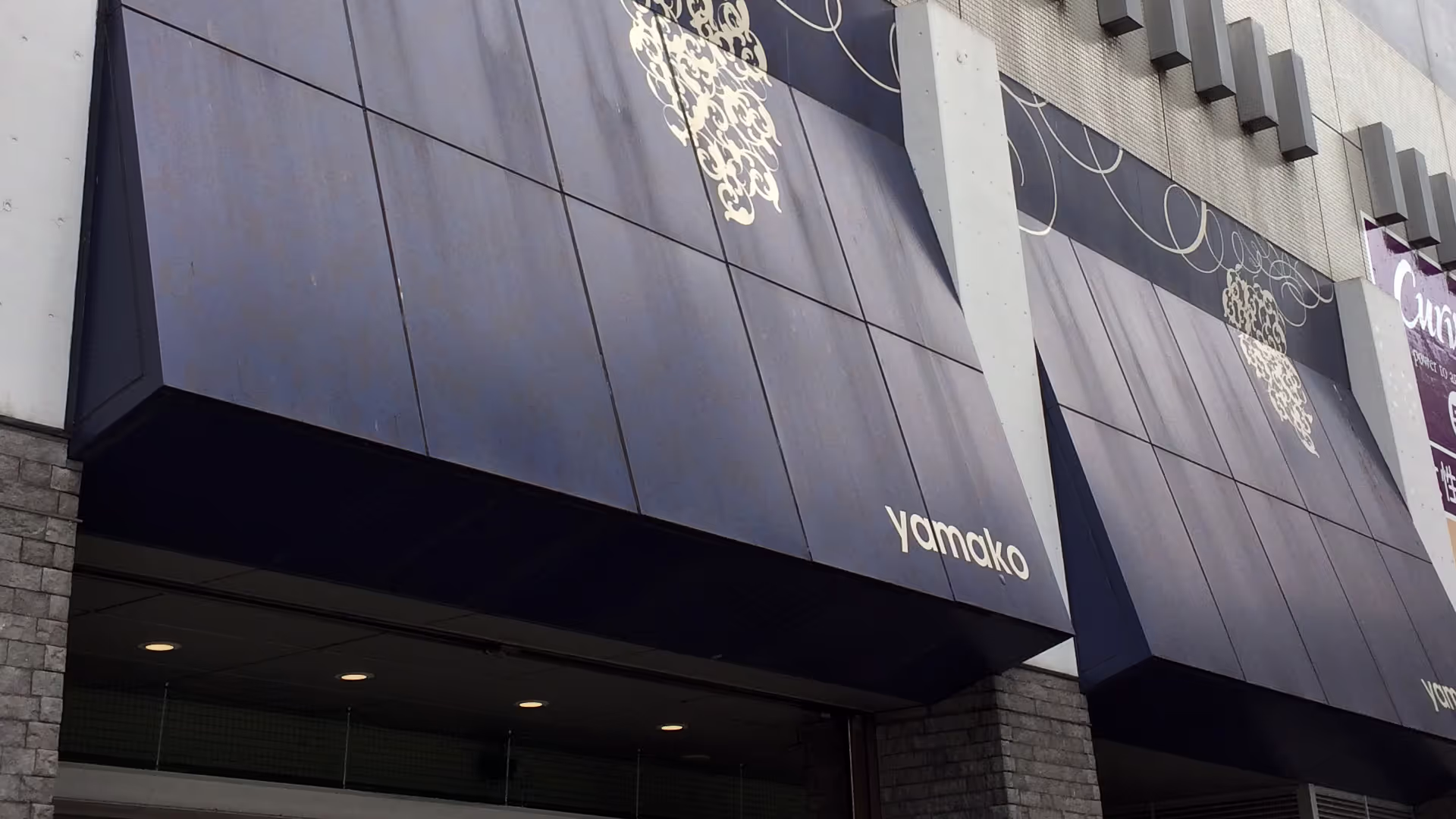 ぶどうのイラストとシンプルなロゴだけで構成されたのれん。