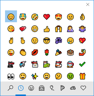 Windows 10でサポートされているEmojiが一覧でき、利用履歴やカテゴリごとに分類されている。